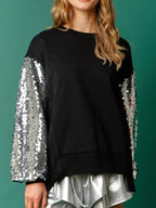 Sarah Express Women's Sequin Long Sleeve Round Neck Sweatshirt - Oversized Sparkle Top