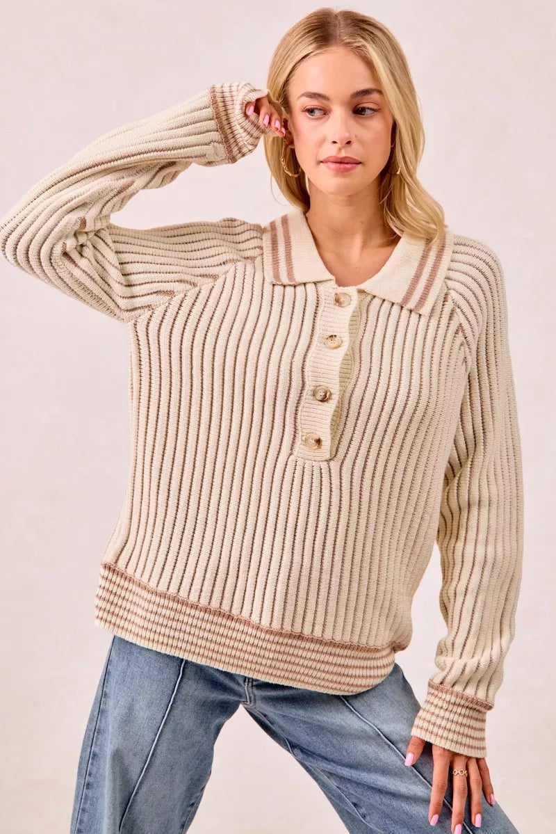 Sarah Express Women’s Two Tone Ribbed Sweater with Half Button Collar