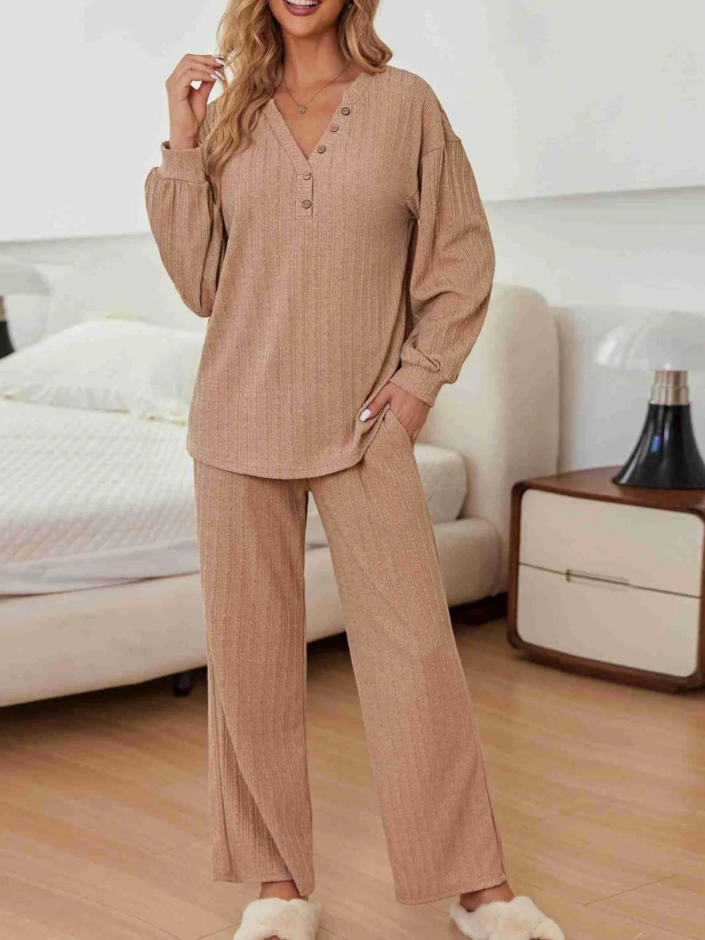 Sarah Express Women's Ribbed Knit Top and Pants Lounge Set with Button Detail