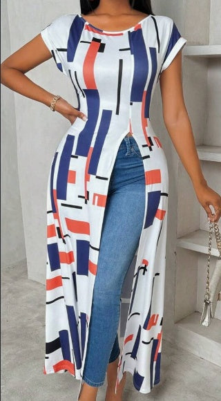 Women's Geometric Print Maxi T-Shirt Dress High Slit Short Sleeve Summer