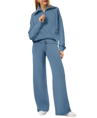 Women's Long Sleeve Zipper Sweatshirt and Wide-Leg Pants Athleisure Set