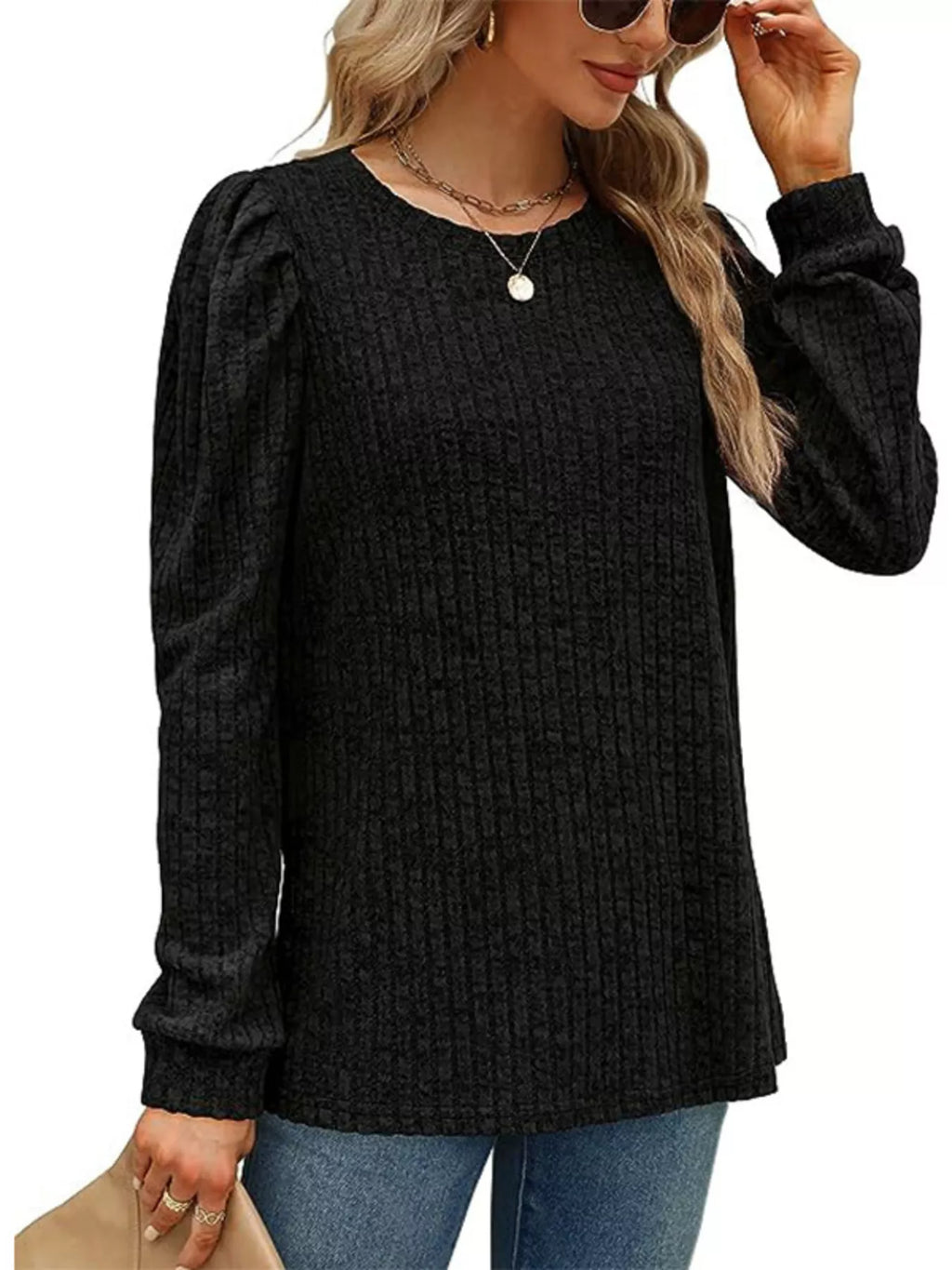 Sarah Express Women's Ribbed Knit Top with Puff Sleeves
