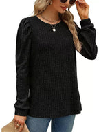 Sarah Express Women's Ribbed Knit Top with Puff Sleeves