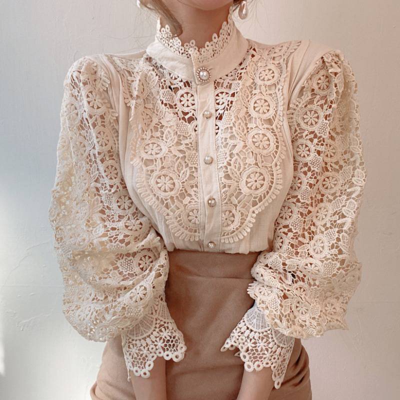Women's Lace Stand Collar Blouse Long Sleeve Puff Sleeve Shirt