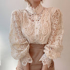 Women's Lace Stand Collar Blouse Long Sleeve Puff Sleeve Shirt