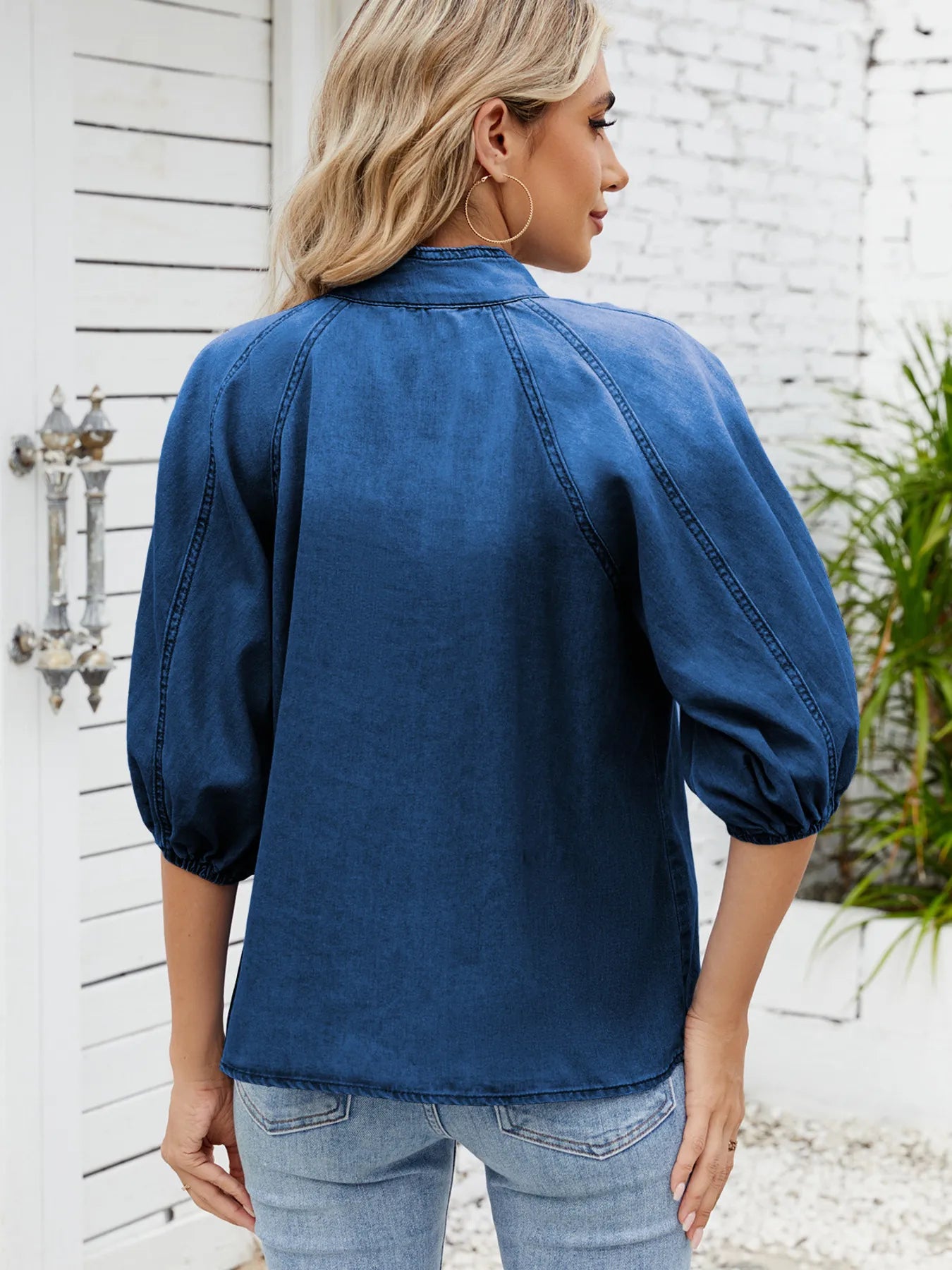 Sarah Express Women's Denim Bow Tie Puff Sleeve Button-Up Top