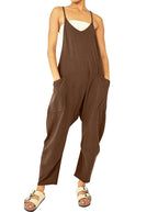 Sarah Express Women's Knitted Spaghetti Strap Jumpsuit - Loose Fit Wide Leg Overalls with Pockets
