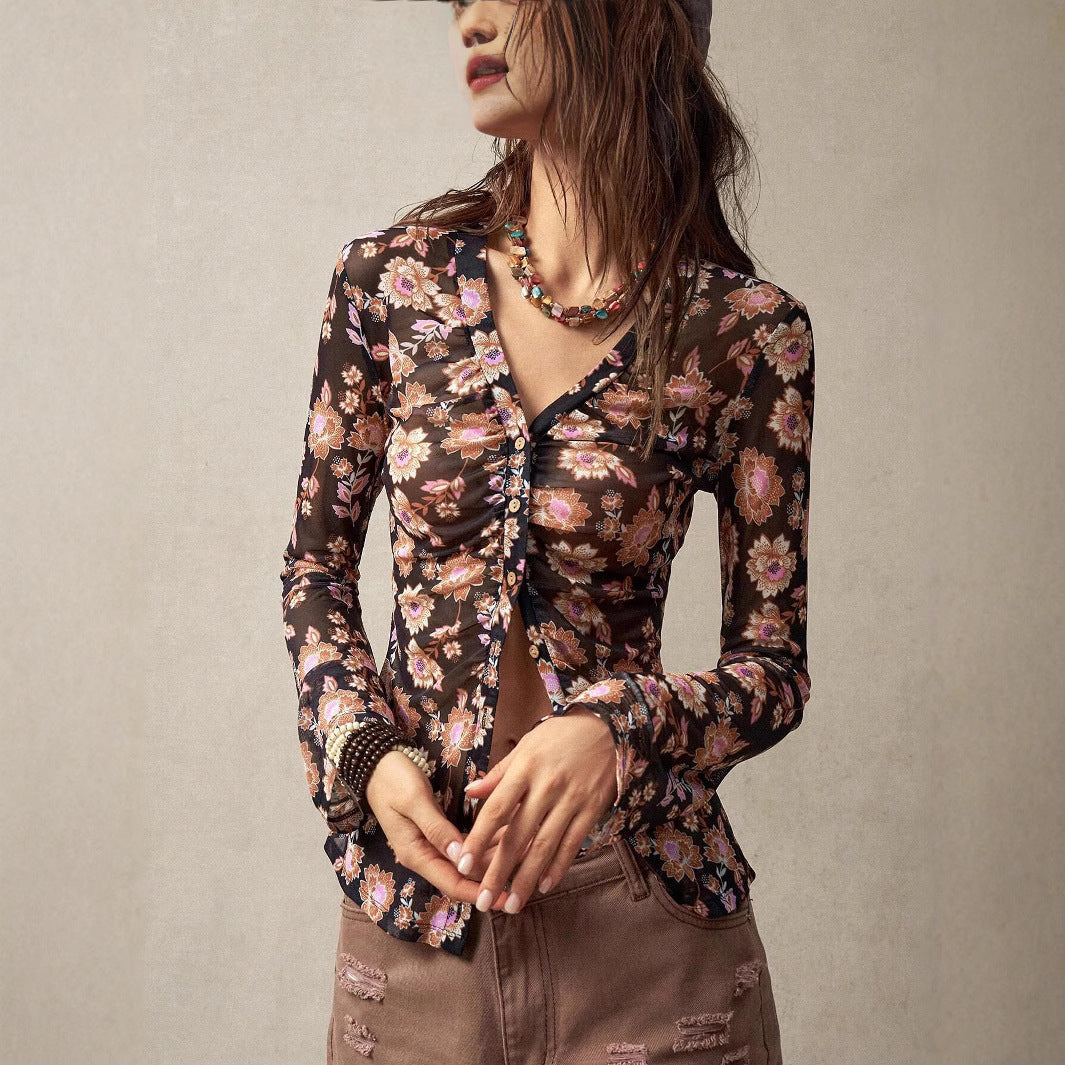 Women's Floral Print Long Sleeve Slim Fit Button-Down Cardigan Shirt