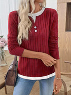 Sarah Express Women's Ribbed Knit Button Detail Contrast Sweater