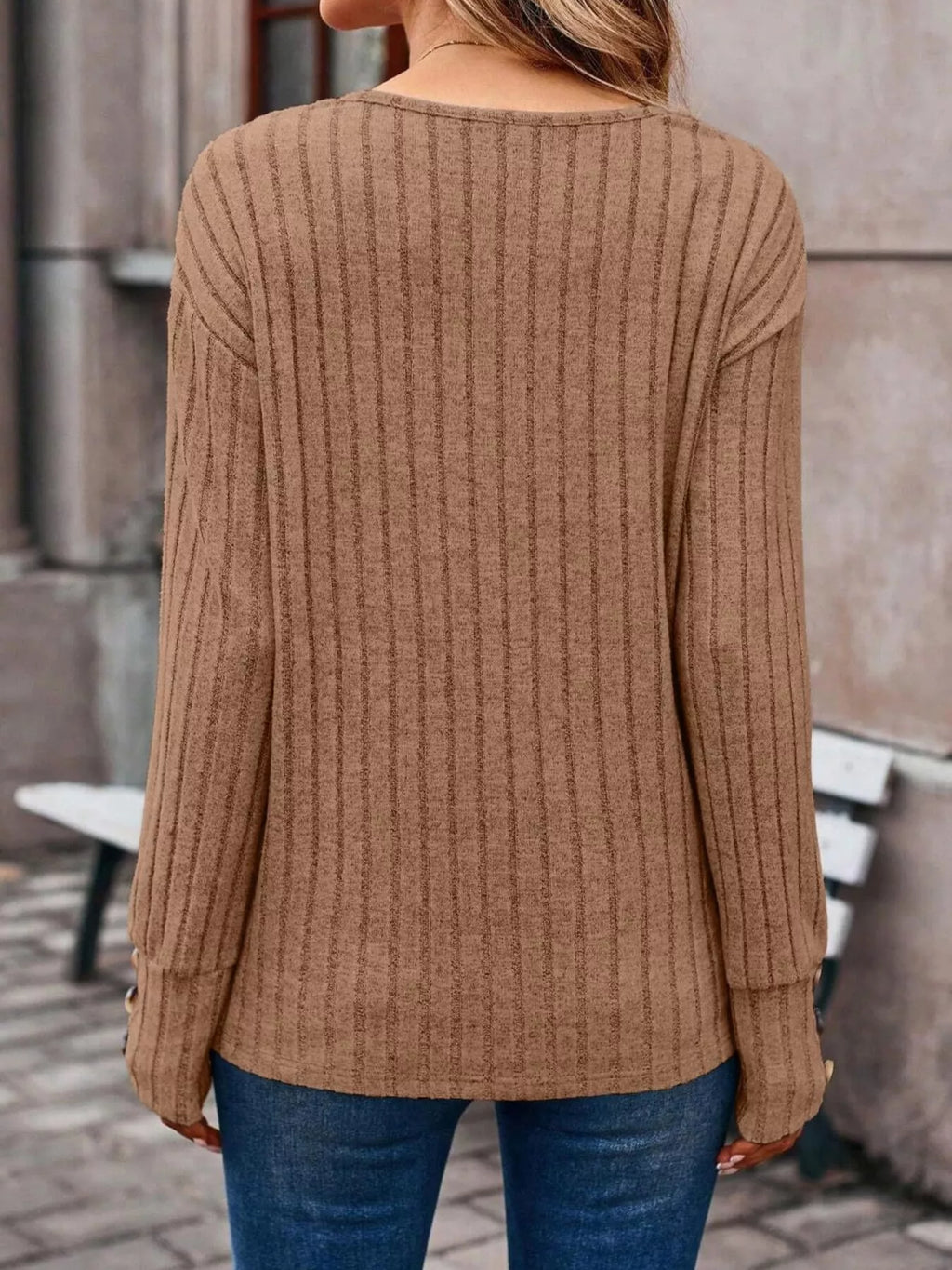 Sarah Express Women's Ribbed V-Neck Long Sleeve Top