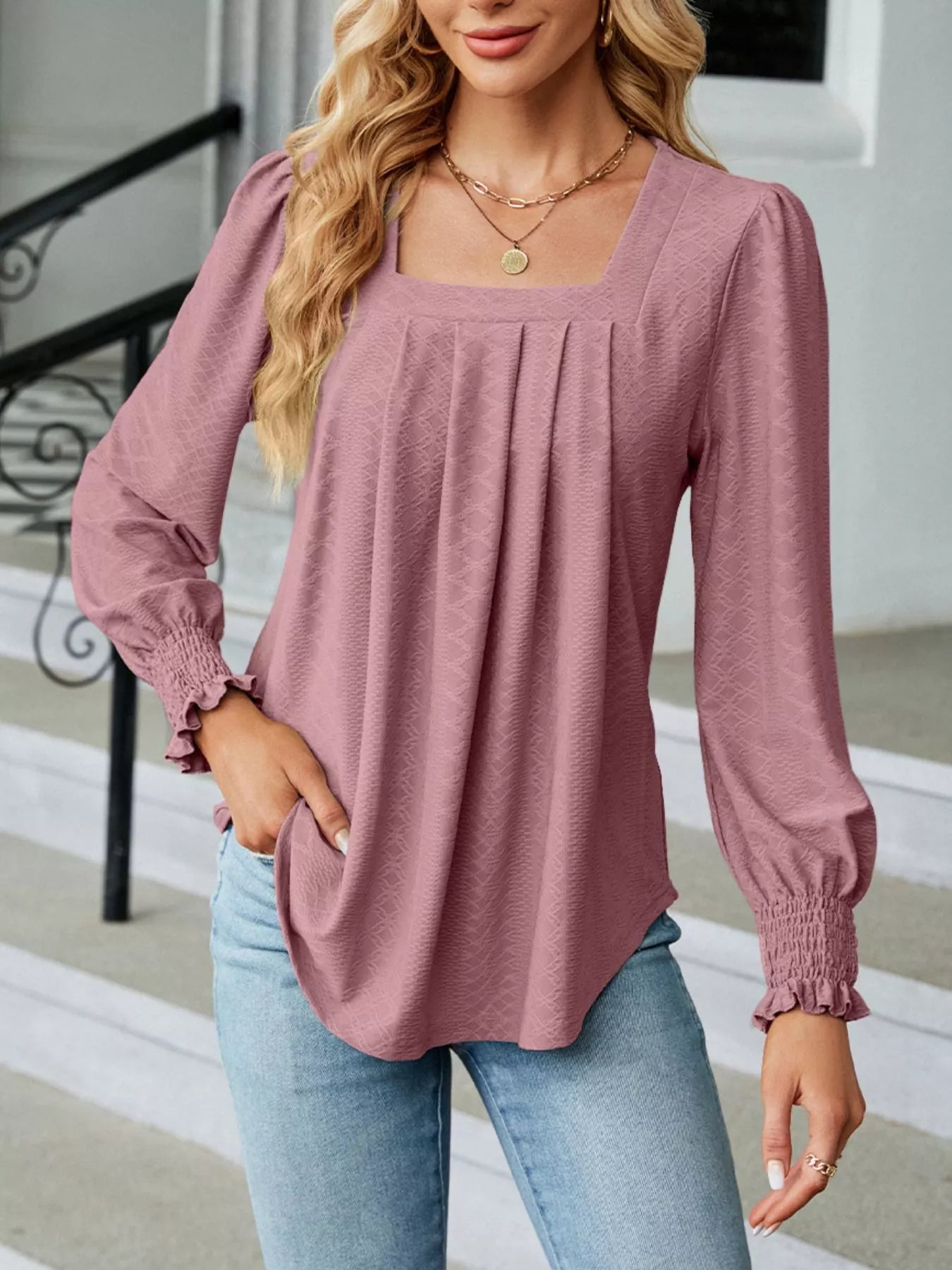Sarah Express Women's Pleated Square Neck Long Sleeve Top Dusty Pink