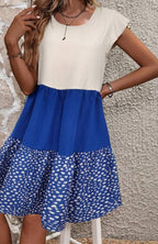 Color Block Floral Print Dress Ruffle Detail Pullover