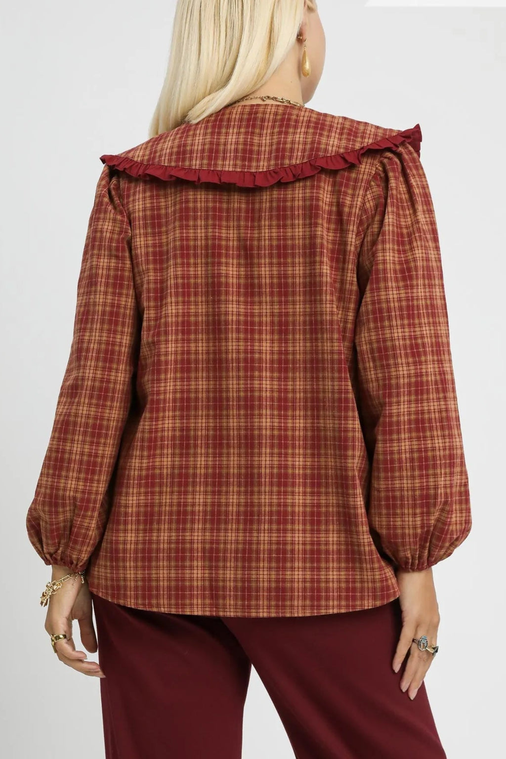 Sarah Express Women’s Plus Size Plaid Ruffle Collar Blouse Casual Fall Winter
