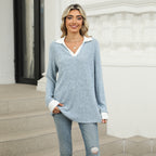 Women's Lapel Long Sleeve Loose Fit Top Rayon Pullover