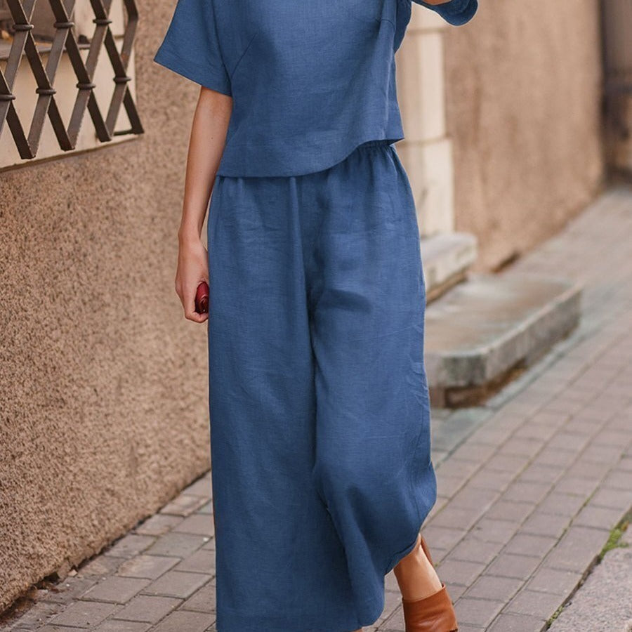 Cotton Linen Two-Piece Set Casual Loose Top Pants Outfit