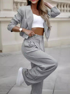 Striped Cropped Blazer Straight Pants Suit Set Long Sleeve Lapel Two-Piece