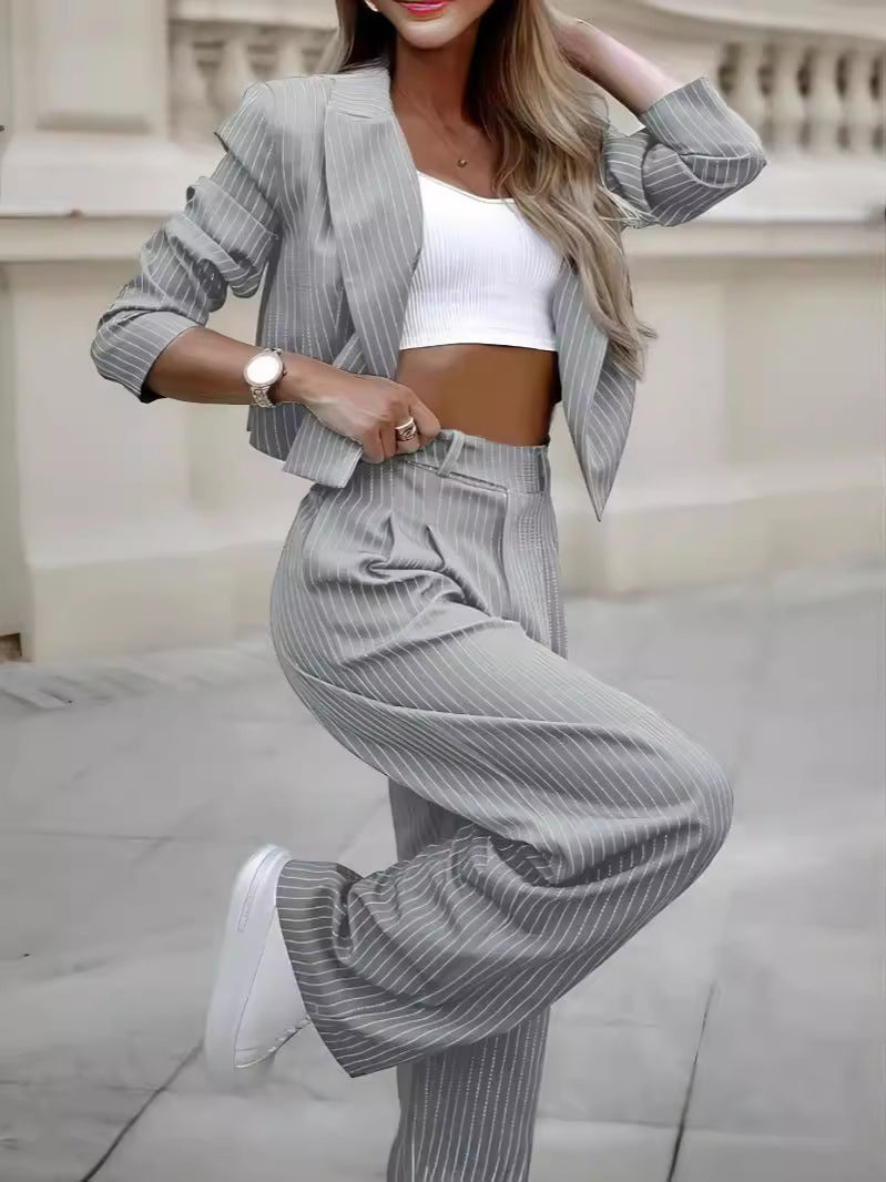 Striped Cropped Blazer Straight Pants Suit Set Long Sleeve Lapel Two-Piece