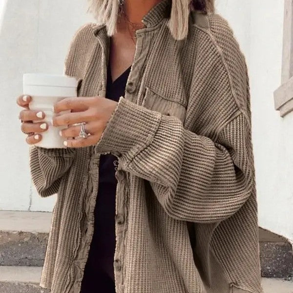 Patchwork Irregular Shirt Jacket Loose Fit Long Sleeve Acrylic Outerwear