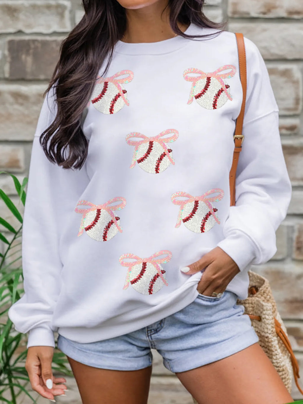 Sarah Express Women's Sequin Bow Baseball Patched Casual Sweatshirt