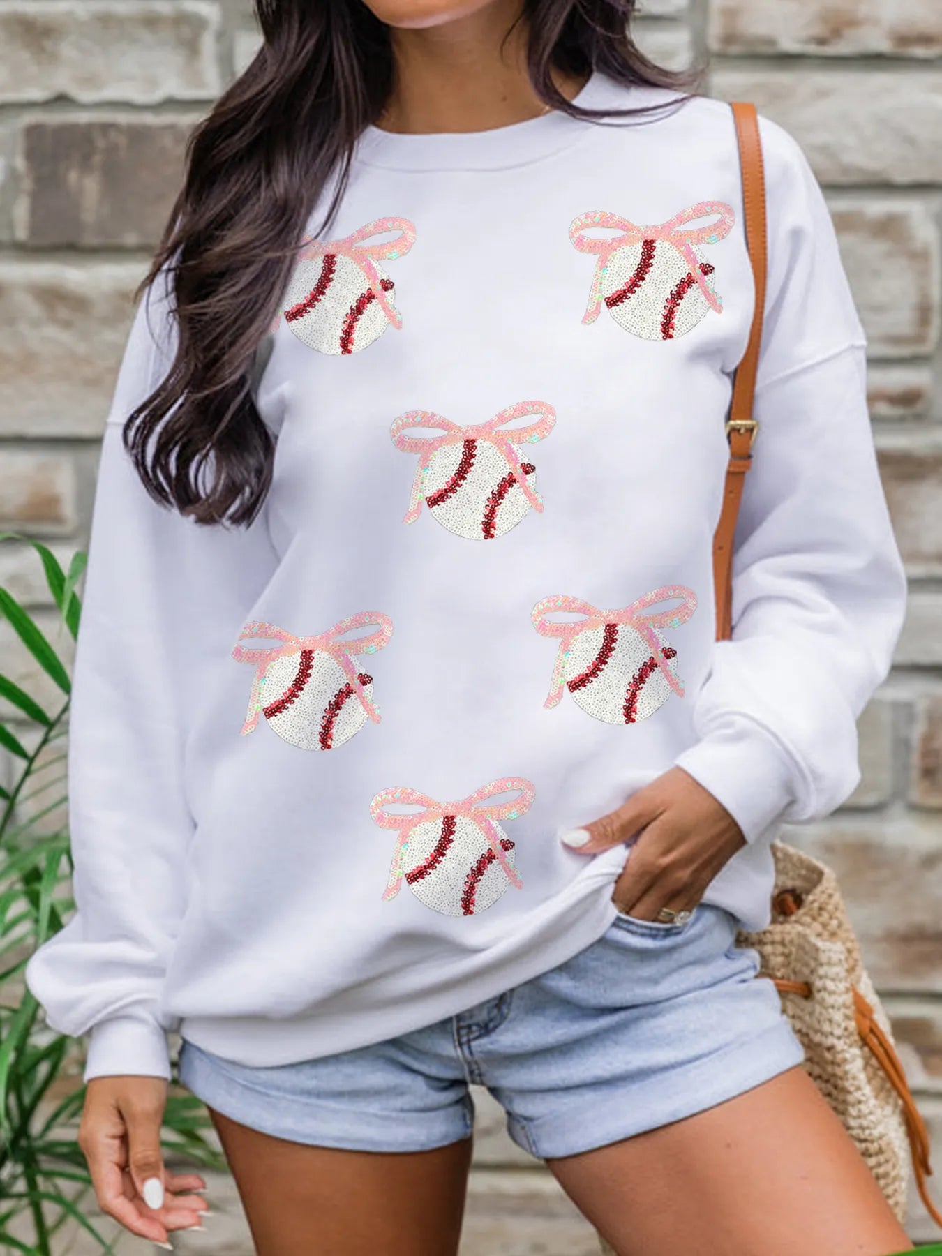 Sarah Express Women's Sequin Bow Baseball Patched Casual Sweatshirt