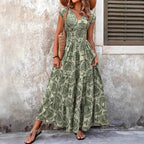 Women's V-Neck Puff Sleeve High Waist Maxi Dress with Flowing Hem