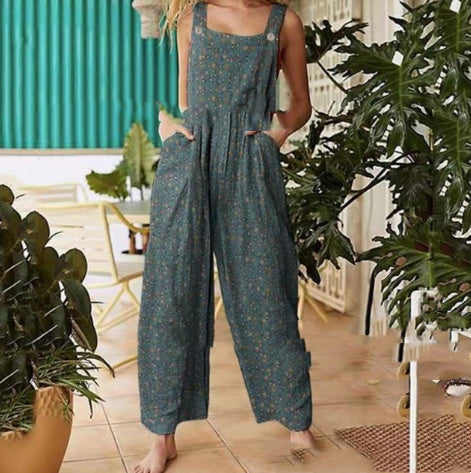 Women's Patchwork Printed Button Suspender Jumpsuit Loose Fit Cotton Blend Casual Overall
