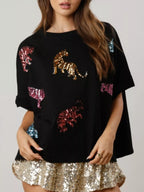 Sarah Express Women's Sequin Tiger Round Neck T-Shirt