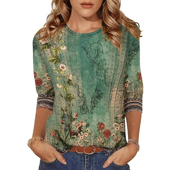 Women's Three-Quarter Sleeve Floral Print T-Shirt Top