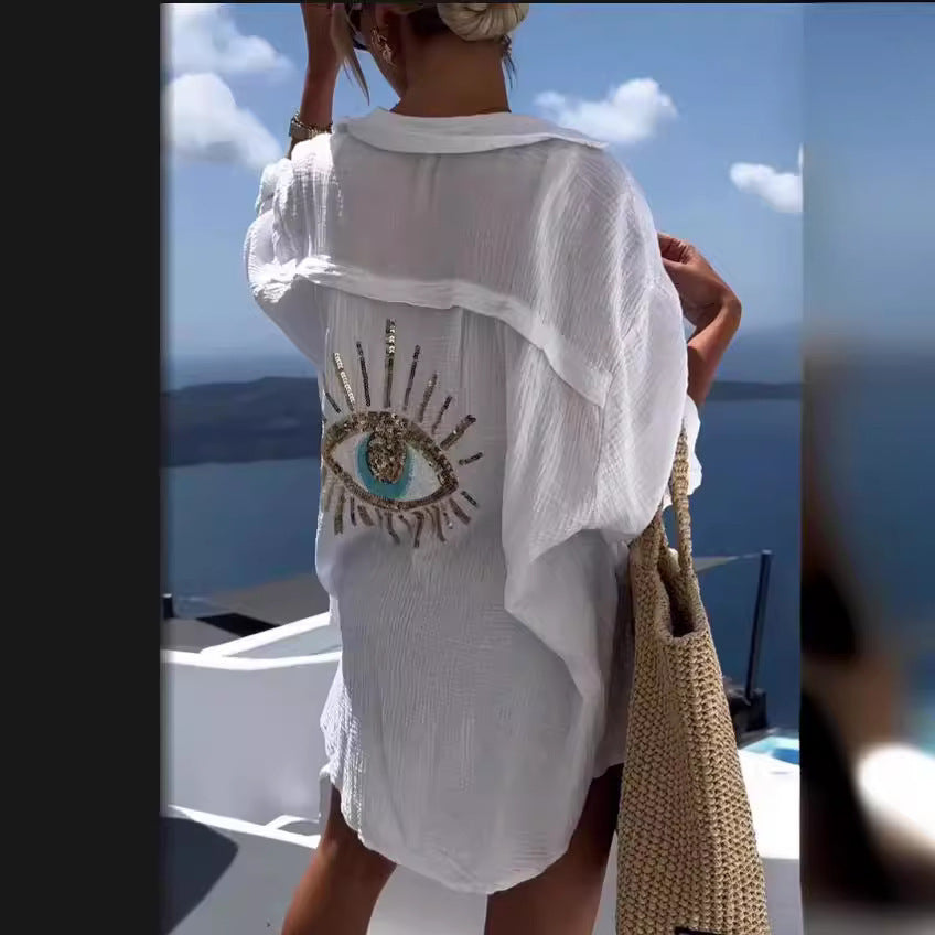 Sequin Beaded Beach Cardigan Shirt Long Sleeve Loose Fit