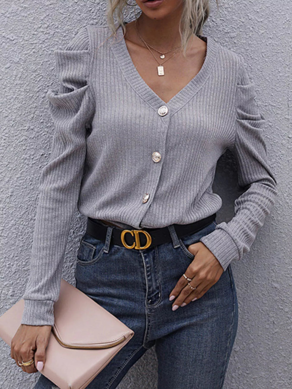 Sarah Express Women's Ribbed V-Neck Button-Up Cardigan Light Gray