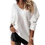 V-Neck Pullover Sweater Solid Color Long Sleeve Acrylic Mohair Blend Loose Fit