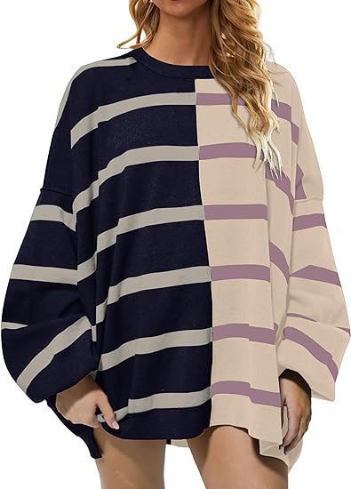 Women's Striped Knit Sweater Long Sleeve Pullover Loose Fit Acrylic