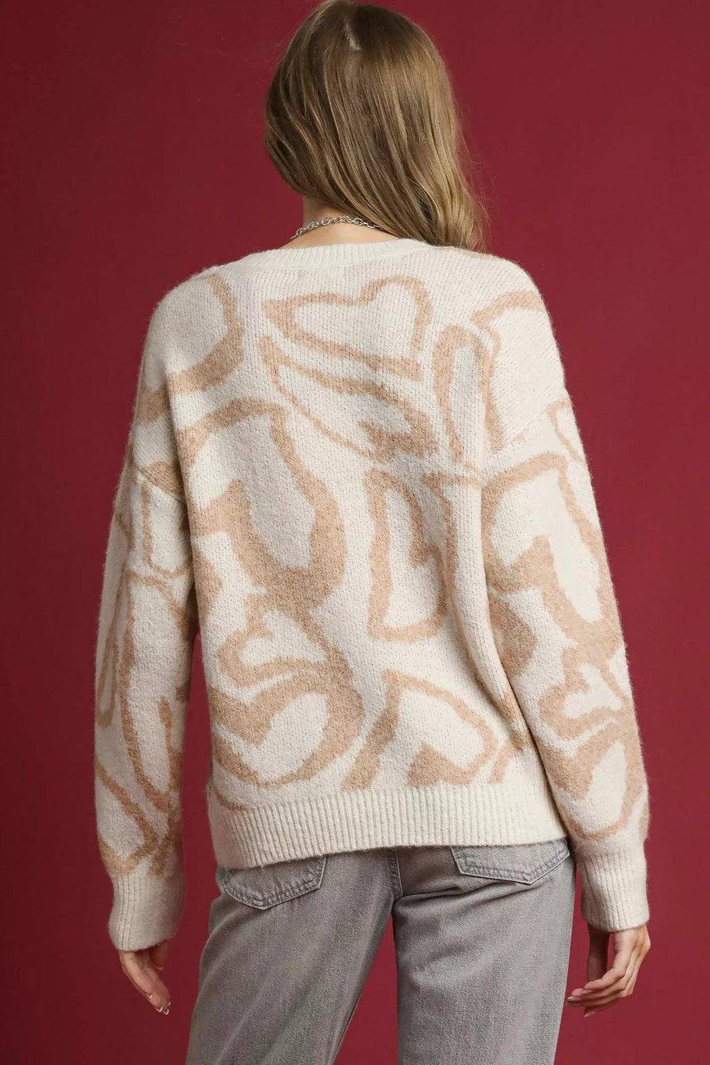 Sarah Express Women’s Oversized Heart Print Crew Neck Sweater