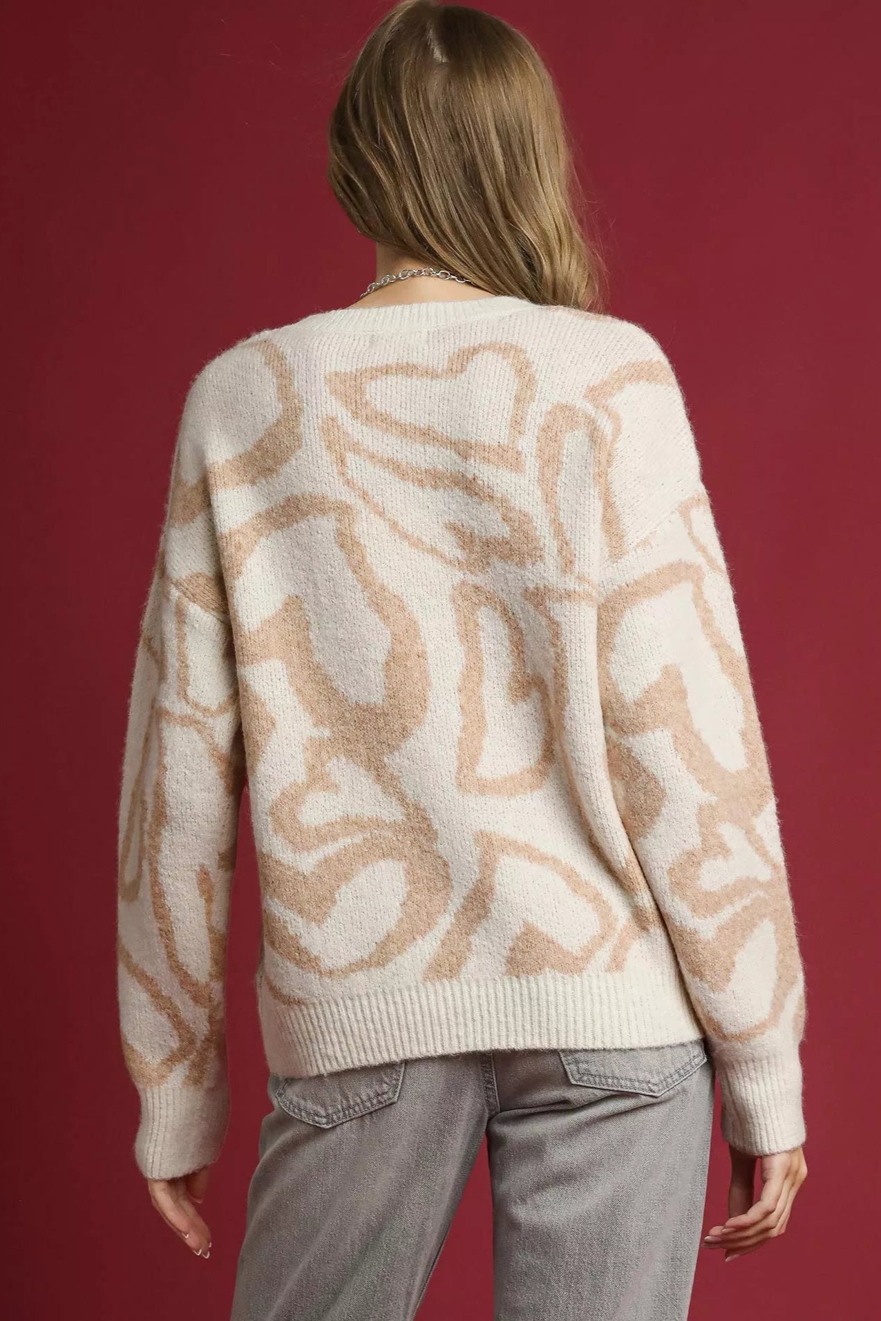 Sarah Express Women’s Oversized Heart Print Crew Neck Sweater