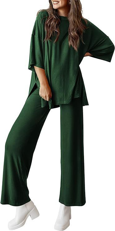 Two Piece Pullover Top Wide Leg Pants Set Polyester