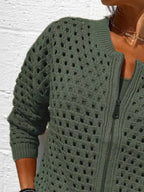 Sarah Express Women's Full Size Zip Up Long Sleeve Cardigan with Eyelet Detail Plus Size