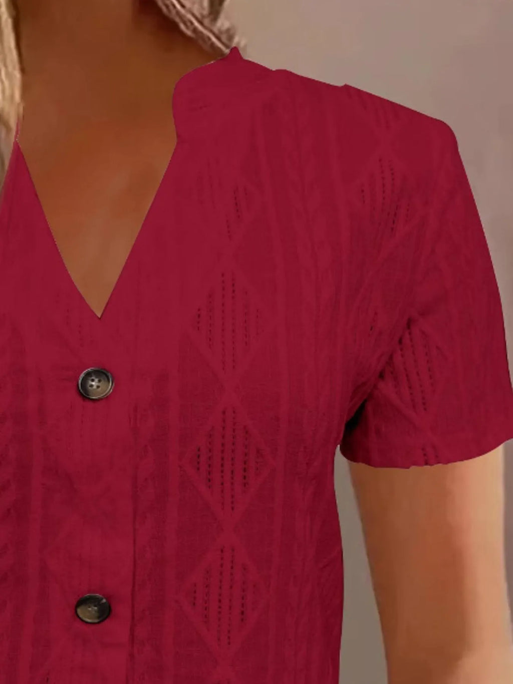 Sarah Express Women's Textured Notched Short Sleeve Blouse