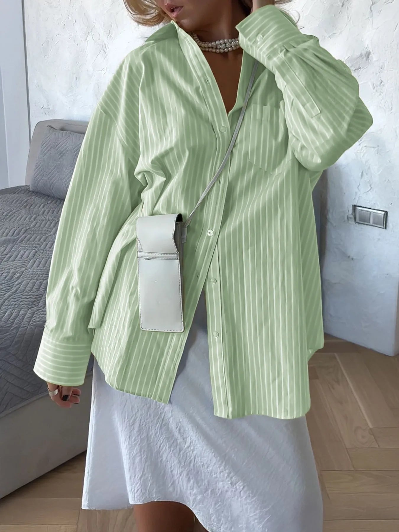Sarah Express Women's Oversized Striped Button-Down Shirt Light Green