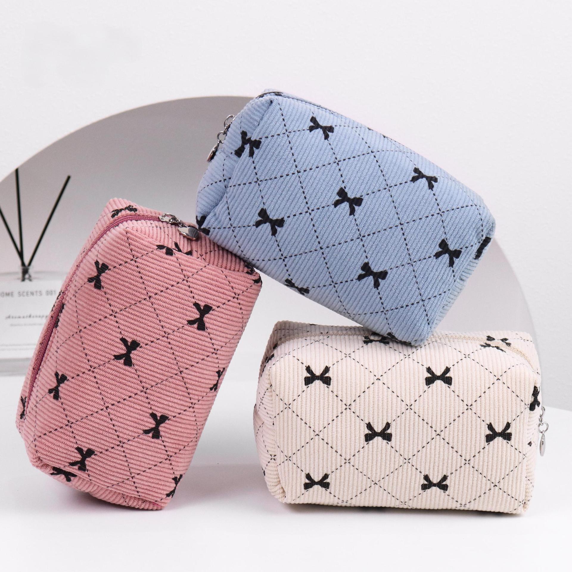 Sarah Express Corduroy Bow-Knot Makeup Bag - Large Capacity Cosmetic Organizer with Zipper