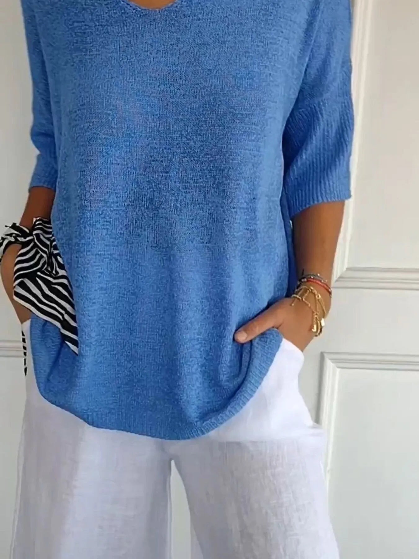 Sarah Express Women's Relaxed Fit Ribbed Hem Sweater Plus Size Blue