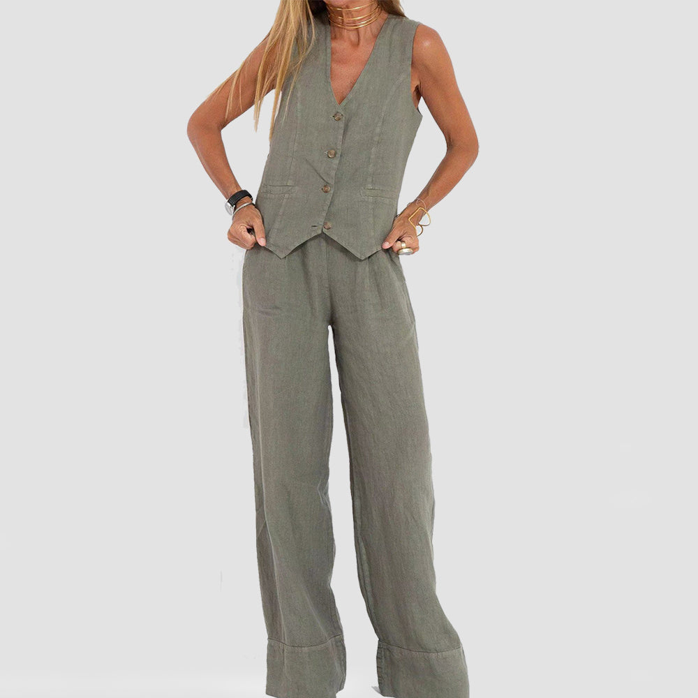 Women's V-Neck Button Vest and Straight Pants Two Piece Set