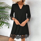 Lace Floral A-Line V-Neck Midi Dress Long Sleeve Pullover
