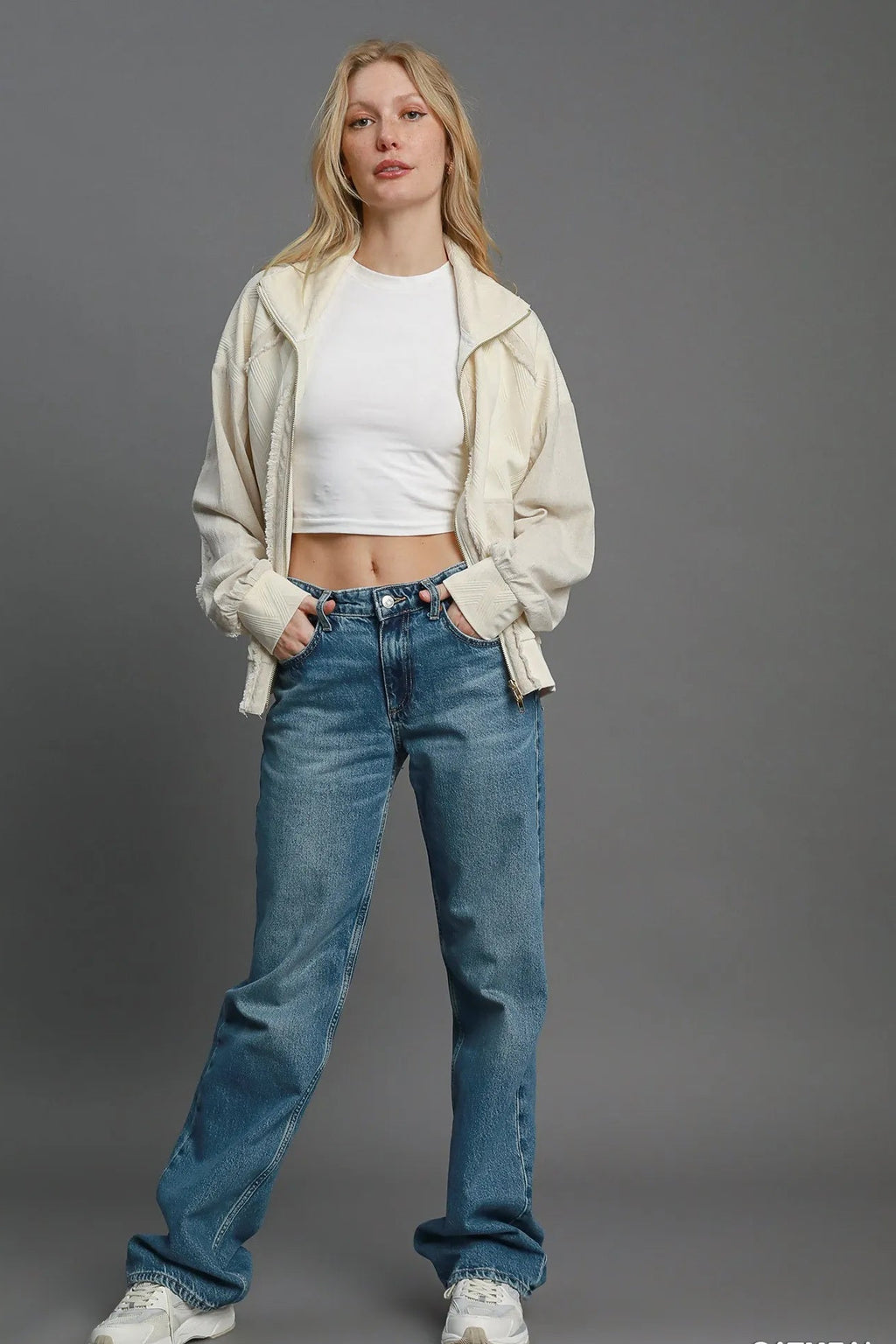 Sarah Express Women’s Linen Blend Jacquard Jacket with Two-Way Zipper