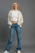 Sarah Express Women’s Linen Blend Jacquard Jacket with Two-Way Zipper