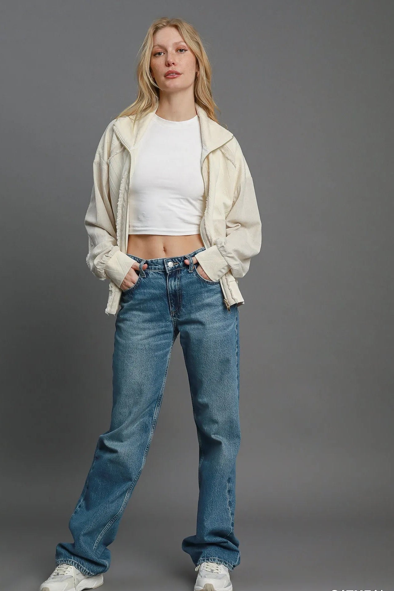 Sarah Express Women’s Linen Blend Jacquard Jacket with Two-Way Zipper