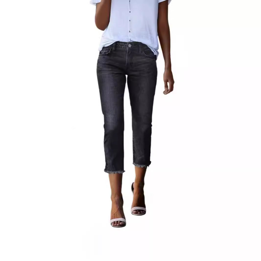 Women's High-Waist Stretch Denim Jeans - Slim Fit Cropped Pants