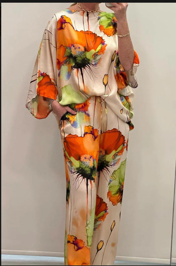 Women's Printed Satin Two-Piece Suit Bell Sleeve Top and Pants Set