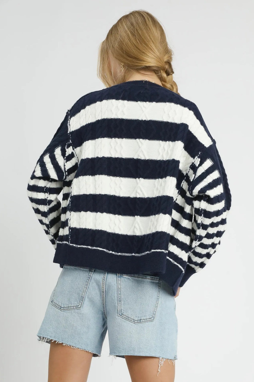 Sarah Express Women’s Stripe Cable-Knit Button-Up Cardigan Casual Fall Winter