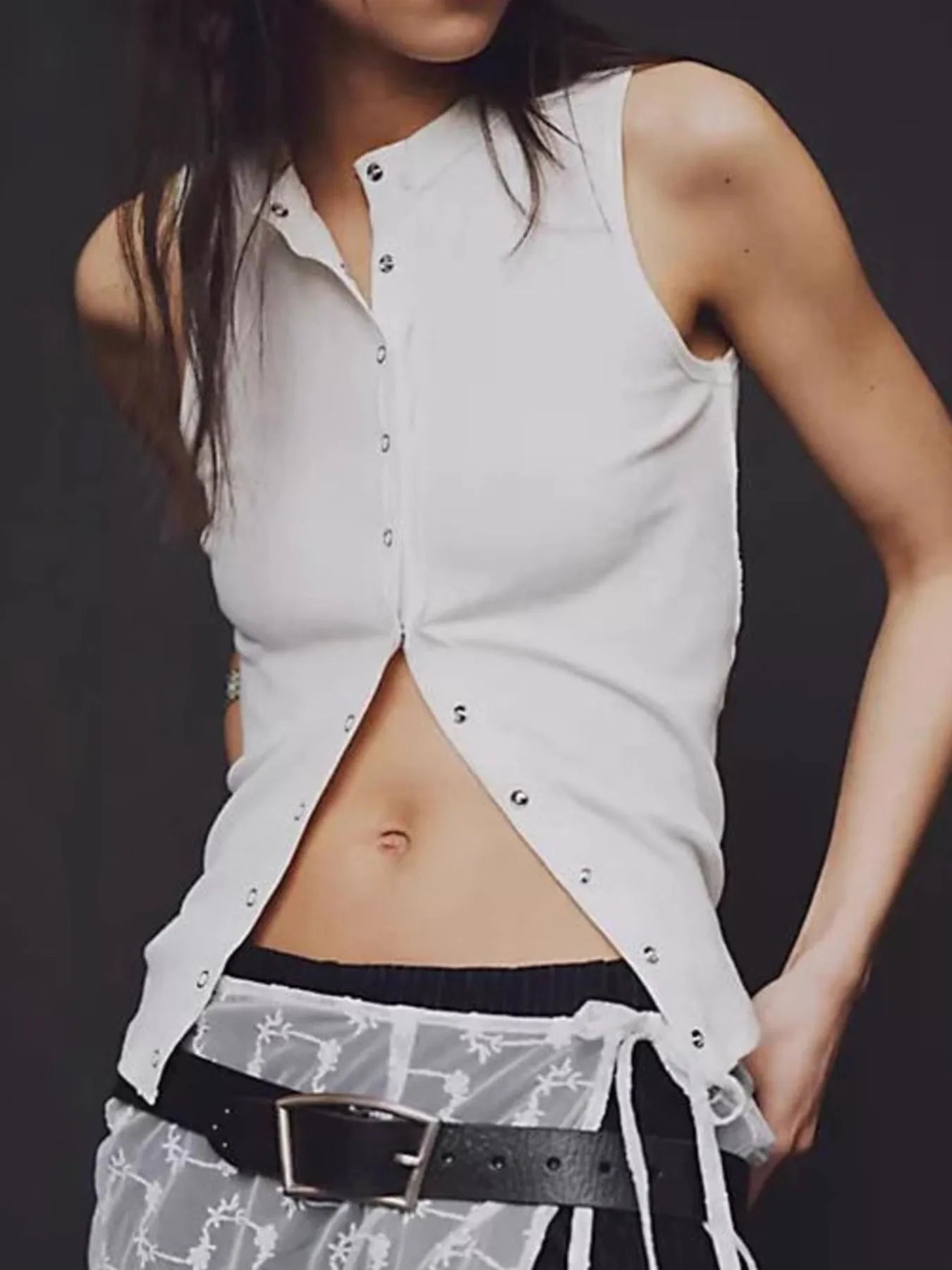 Sarah Express Women's Snap Down Round Neck Ribbed Slim Tank Vest White