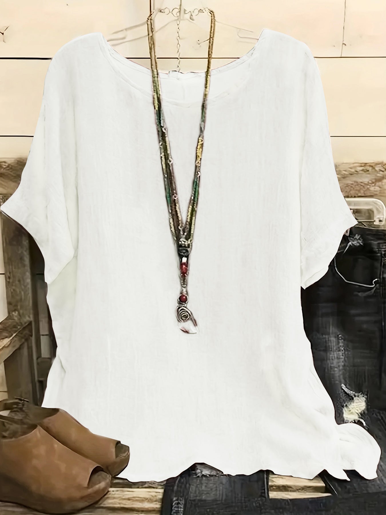 Women's Cotton Blend Round Neck Blouse 3/4 Sleeve Loose Fit Top